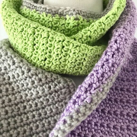 Hand Crafted Color Blocked Crocheted Scarf Grey Purple Lime -Proceeds To Charity - Picture 3 of 7